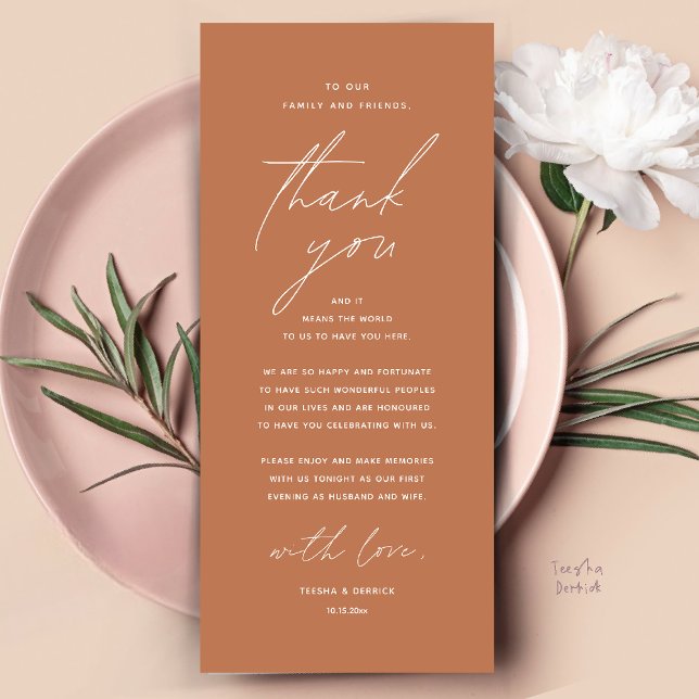 Inställning av tackkort för dagens Bröllop Ställe Program (Modern Wedding Dinner Place Setting Thank You Card Reception Brunch Lunch in Copper Brown Terracotta)
