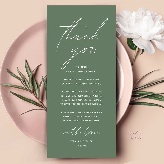 Inställning av tackkort för dagens Bröllop Ställe Program (Modern Wedding Dinner Place Setting Thank You Card Reception Brunch Lunch in sage green)