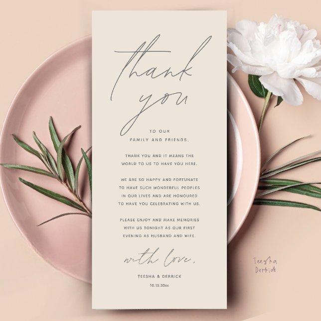 Inställning av tackkort för dagens Bröllop Ställe Program (Modern Wedding Dinner Place Setting Thank You Card Reception Brunch Lunch in Warm Cream Grey)