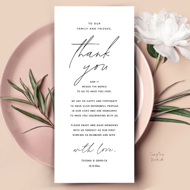 Inställning av tackkort för dagens Bröllop Ställe Program (Modern Wedding Dinner Place Setting Thank You Card Reception Brunch Lunch in Black and White)