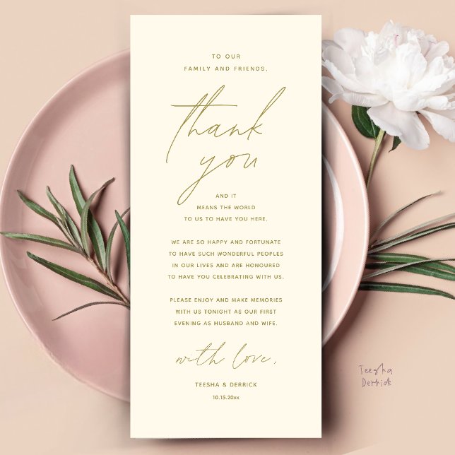 Inställning av tackkort för dagens Bröllop Ställe Program (Modern Wedding Dinner Place Setting Thank You Card Reception Brunch Lunch in Warm Yellow Gold)