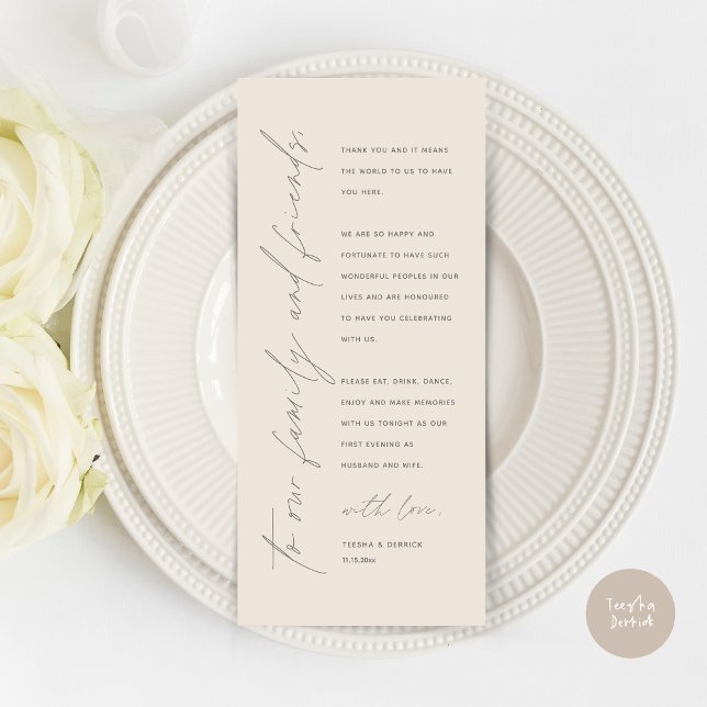 Inställning av tackkort för dagens Bröllop Ställe Program (Wedding Dinner Place Setting Thank You Card, Modern Minimalist Script, in Cream and Grey)