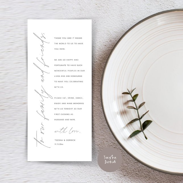 Inställning av tackkort för dagens Bröllop Ställe Program (Wedding Dinner Place Setting Thank You Card, Modern Minimalist Script, in Dark Grey)