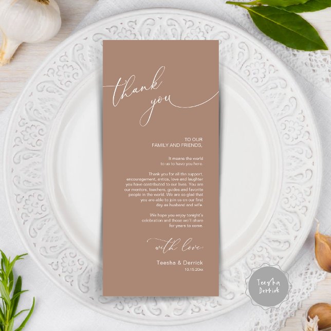 Inställning av tackkort för dagens Bröllop Ställe Program (Modern Wedding Dinner Place Setting Thank You Card, in taupe)