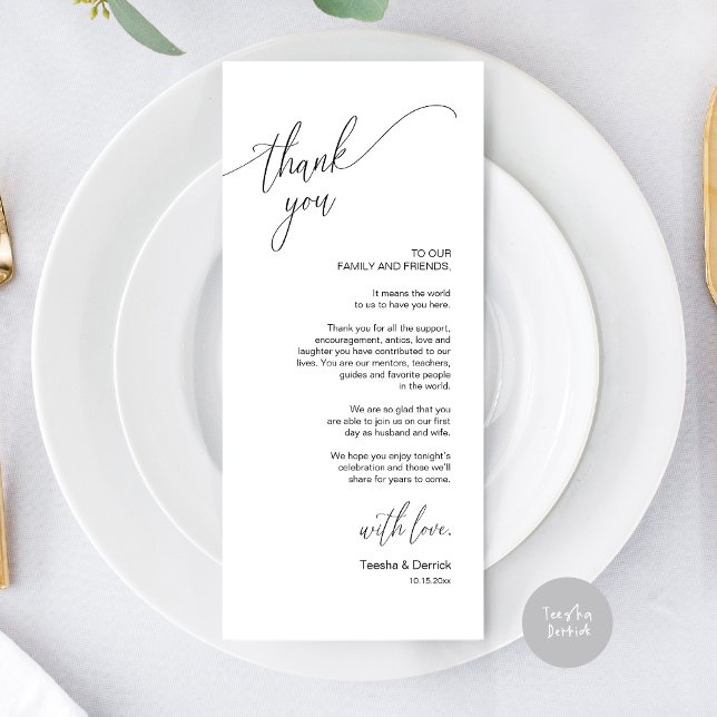 Inställning av tackkort för dagens Bröllop Ställe Program (Modern Elegant Wedding Dinner Place Setting Thank You Card, in Black and White)