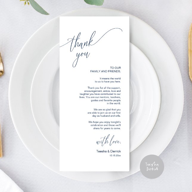 Inställning av tackkort för dagens Bröllop Ställe Program (Modern Elegant Wedding Dinner Place Setting Thank You Card, in Navy Blue)