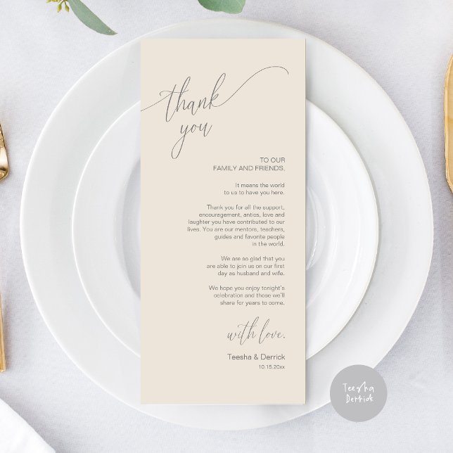Inställning av tackkort för dagens Bröllop Ställe Program (Modern Elegant Wedding Dinner Place Setting Thank You Card, in Dark Grey and Cream)