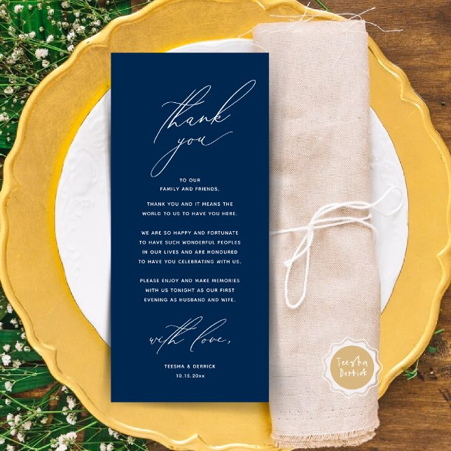 Inställning av tackkort för dagens Bröllop Ställe Program (Modern Wedding Dinner Place Setting Thank You Card, Minimalist Navy Blue)