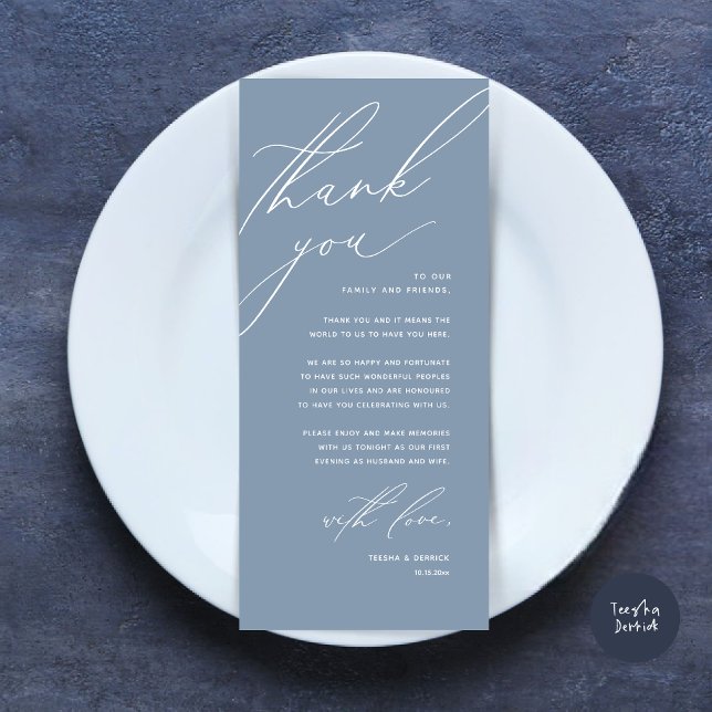 Inställning av tackkort för dagens Bröllop Ställe Program (Modern Wedding Dinner Place Setting Thank You Card, Minimalist Dusty Blue)