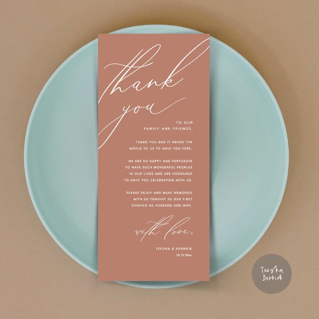 Inställning av tackkort för dagens Bröllop Ställe Program (Modern Wedding Dinner Place Setting Thank You Card, Minimalist Terracotta Earthy Brown)