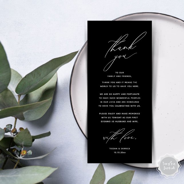 Inställning av tackkort för dagens Bröllop Ställe Program (Modern Wedding Dinner Place Setting Thank You Card, Minimalist Classy Black)