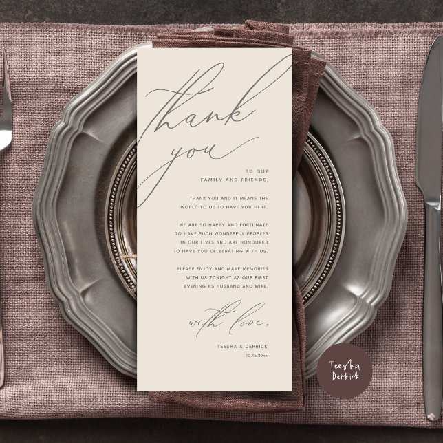 Inställning av tackkort för dagens Bröllop Ställe Program (Modern Wedding Dinner Place Setting Thank You Card, Minimalist Cream Grey)