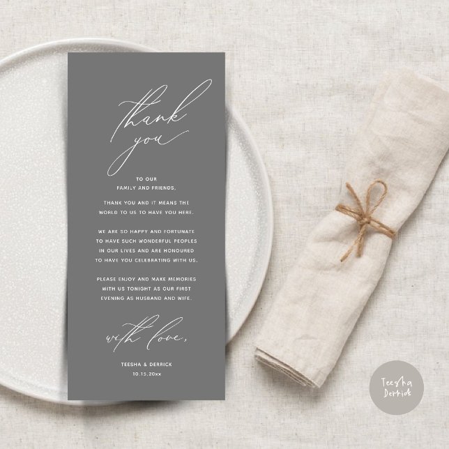 Inställning av tackkort för dagens Bröllop Ställe Program (Modern Wedding Dinner Place Setting Thank You Card, Minimalist Dark Grey)