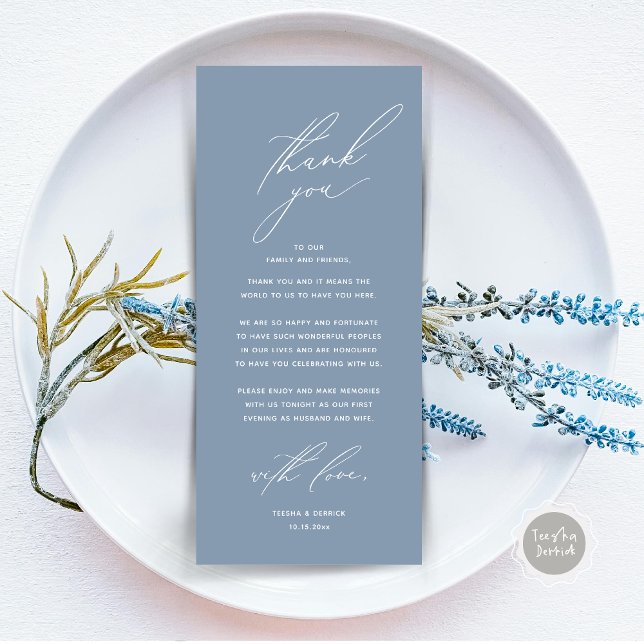 Inställning av tackkort för dagens Bröllop Ställe Program (Modern Wedding Dinner Place Setting Thank You Card, Minimalist Dusty Blue)