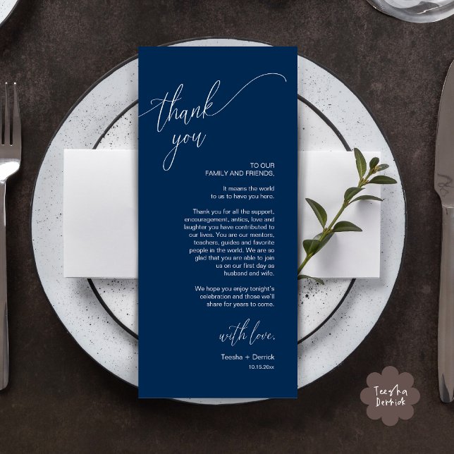Inställning av tackkort för dagens Bröllop Ställe Program (Modern Wedding Dinner Brunch Place Setting Thank You Card romantic in aesthetic classy navy blue)
