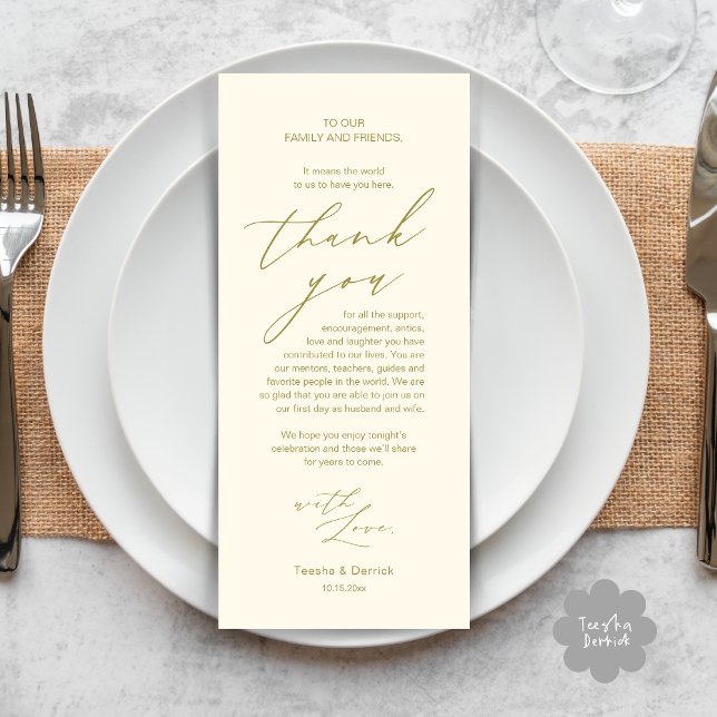 Inställning av tackkort för dagens Bröllop Ställe Program (Modern Minimalist Wedding Dinner Place Setting Thank You Card in aesthetic yellow gold)