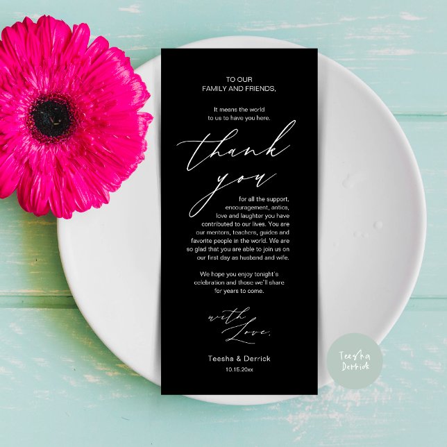 Inställning av tackkort för dagens Bröllop Ställe Program (Modern Minimalist Wedding Dinner Place Setting Thank You Card in Black White)