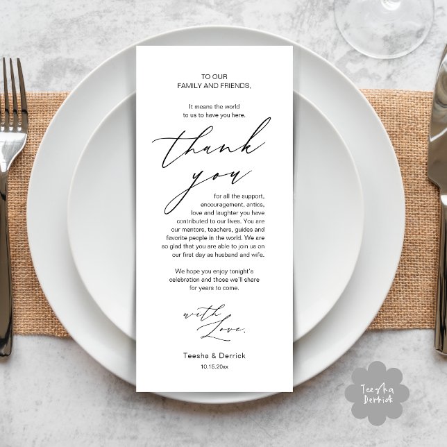 Inställning av tackkort för dagens Bröllop Ställe Program (Modern Minimalist Wedding Dinner Place Setting Thank You Card in Black White)