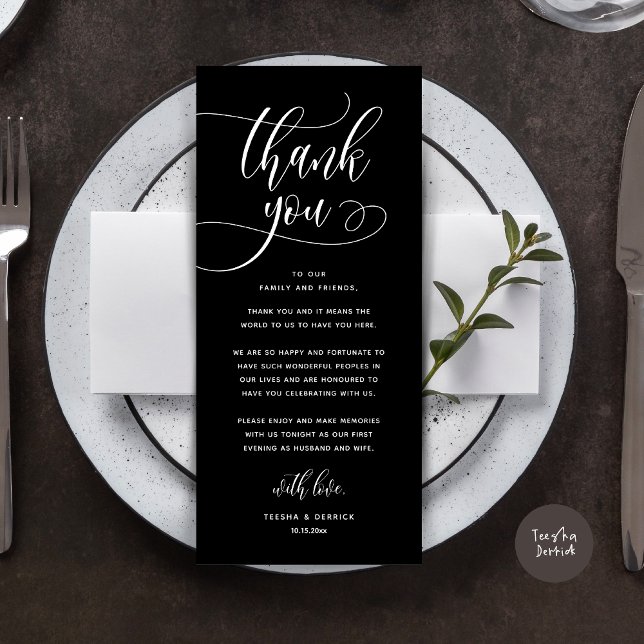 Inställning av tackkort för dagens Bröllop Ställe Program (Wedding Dinner Place Setting Thank You, Welcome and Thanks Card, in Classy Black)