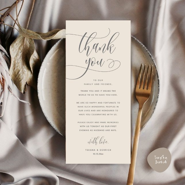 Inställning av tackkort för dagens Bröllop Ställe Program (Wedding Dinner Place Setting Thank You, Welcome and Thanks Card, in Classy Cream Grey)