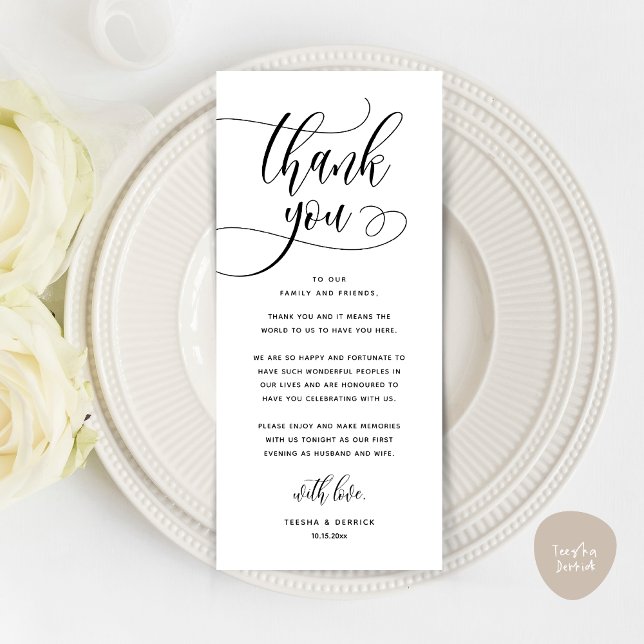 Inställning av tackkort för dagens Bröllop Ställe Program (Wedding Dinner Place Setting Thank You, Welcome and Thanks Card, in Classy White Black)
