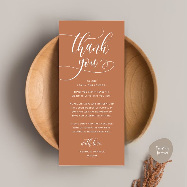 Inställning av tackkort för dagens Bröllop Ställe Program (Wedding Dinner Place Setting Thank You, Welcome and Thanks Card, in Classy Copper Brown)