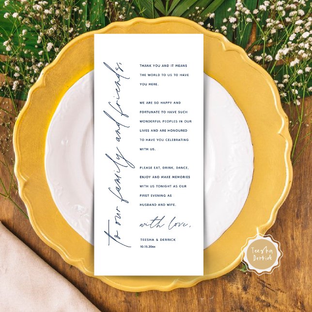 Inställning av tackkort för dagens Bröllop Ställe Program (Modern Wedding Dinner Place Setting Thank You Card in Classy Navy Blue)