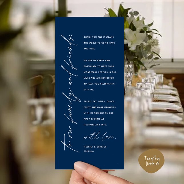 Inställning av tackkort för dagens Bröllop Ställe Program (Modern Wedding Dinner Place Setting Thank You Card in Classy Navy Blue)