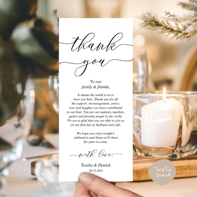 Inställning av tackkort för dagens Bröllop Ställe Program (Modern Romantic Wedding Place Setting Thank You Card for Dinner Brunch Lunch Party  in White Black)