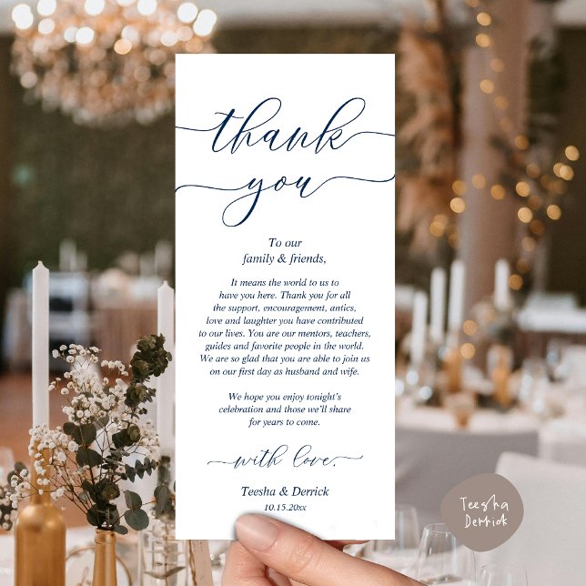 Inställning av tackkort för dagens Bröllop Ställe Program (Romantic Wedding Dinner Lunch Brunch Party Place Setting Thank You Card in Classy Navy Blue)