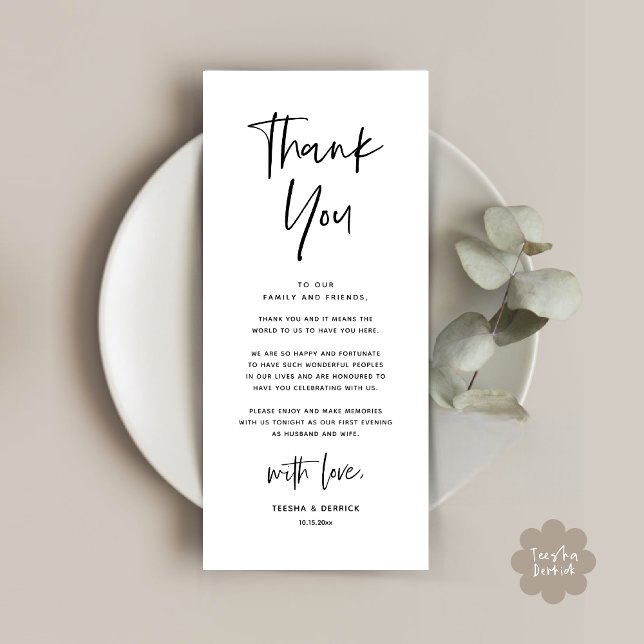 Inställning av tackkort för dagens Bröllop Ställe Program (Welcome and Thanks, Modern Wedding Dinner Brunch Party Place Setting Thank You Card White Black)