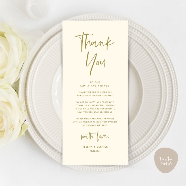 Inställning av tackkort för dagens Bröllop Ställe Program (Welcome and Thanks, Modern Wedding Dinner Brunch Party Place Setting Thank You Card Yellow Gold)