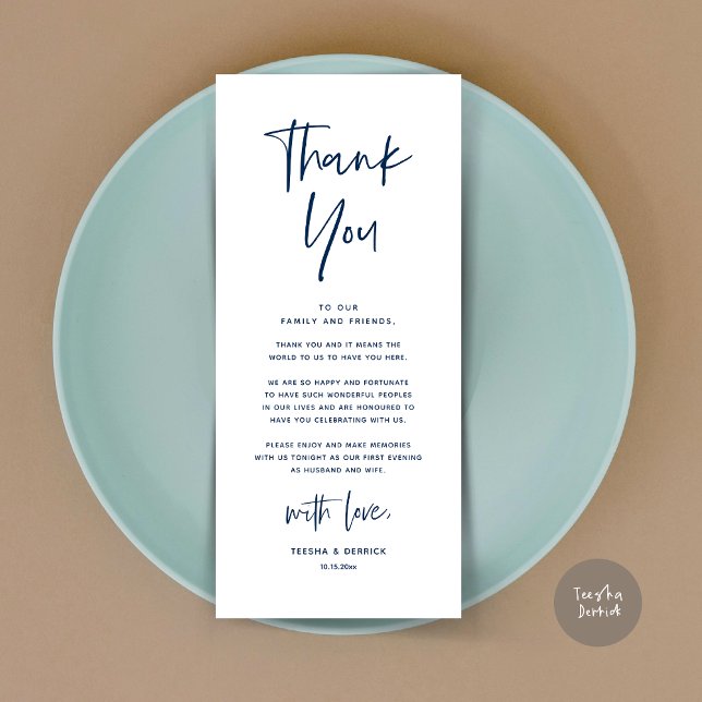 Inställning av tackkort för dagens Bröllop Ställe Program (Welcome and Thanks, Modern Wedding Dinner Brunch Party Place Setting Thank You Card Navy Blue)