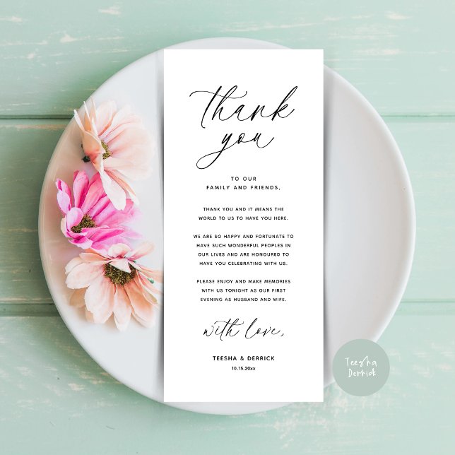 Inställning av tackkort för dagens Bröllop Ställe Program (Wedding Dinner Place Setting Thank You Card Modern Romantic Contemporary White Black)