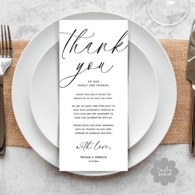 Inställning av tackkort för dagens Bröllop Ställe Program (Wedding Dinner Place Setting Thank You Card Modern Romantic Contemporary White Black)