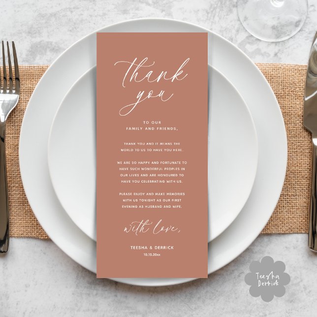 Inställning av tackkort för dagens Bröllop Ställe Program (Wedding Dinner Place Setting Thank You Card Modern Romantic Contemporary Classy Terracotta Brown)