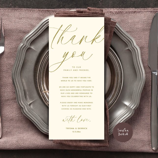 Inställning av tackkort för dagens Bröllop Ställe Program (Wedding Dinner Place Setting Thank You Card Modern Romantic Contemporary Classy Yellow Gold)
