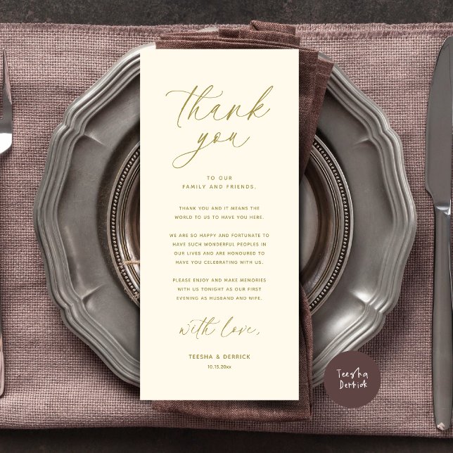 Inställning av tackkort för dagens Bröllop Ställe Program (Wedding Dinner Place Setting Thank You Card Modern Romantic Contemporary Classy Yellow Gold)
