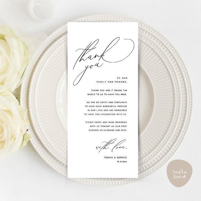 Inställning av tackkort för dagens Bröllop Ställe Program (Modern Wedding Dinner Place Setting Thank You Card, Romantic Plate Decor, in Black White)