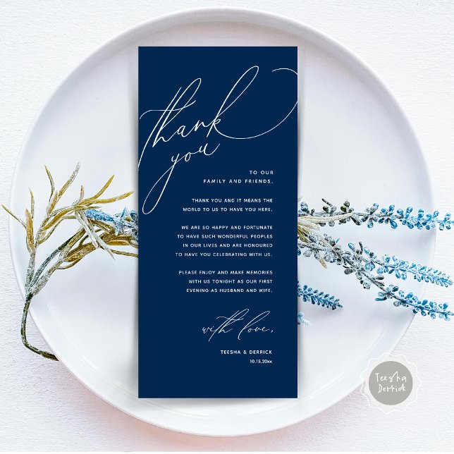 Inställning av tackkort för dagens Bröllop Ställe Program (Modern Wedding Dinner Place Setting Thank You Card, Romantic Plate Decor, in Navy Blue)