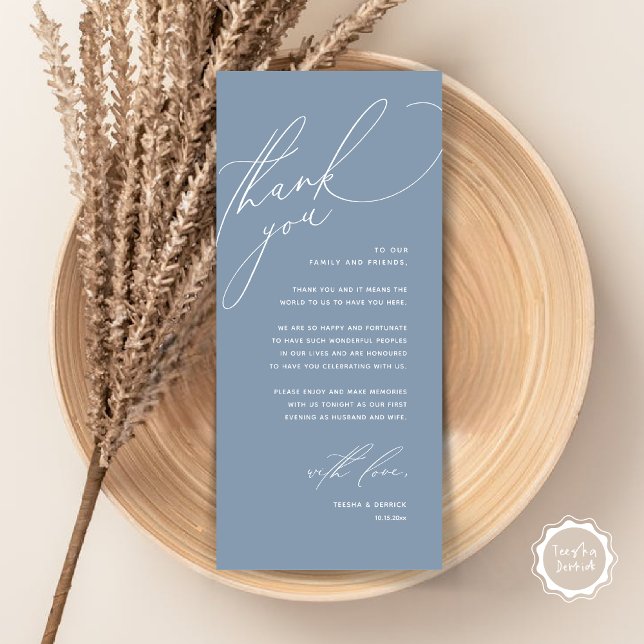 Inställning av tackkort för dagens Bröllop Ställe Program (Modern Wedding Dinner Place Setting Thank You Card, Romantic Plate Decor, in Dusty Blue)