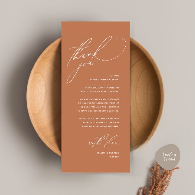 Inställning av tackkort för dagens Bröllop Ställe Program (Modern Wedding Dinner Place Setting Thank You Card, Romantic Plate Decor, in Copper Brown Terracotta)
