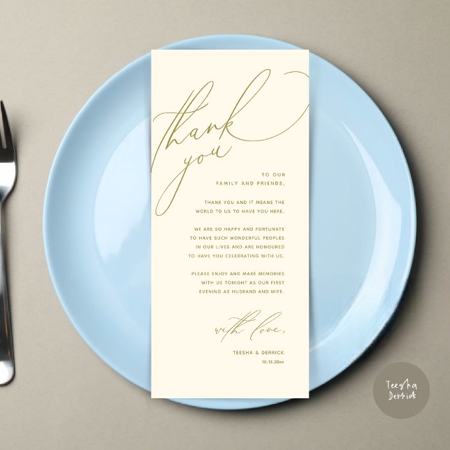 Inställning av tackkort för dagens Bröllop Ställe Program (Modern Wedding Dinner Place Setting Thank You Card, Romantic Plate Decor, in Yellow Gold)