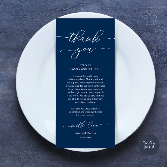 Inställning av tackkort för dagens Romantik Ställe Program (Wedding Dinner Place Setting Thank You Card, Modern Minimalist, in Navy Blue)