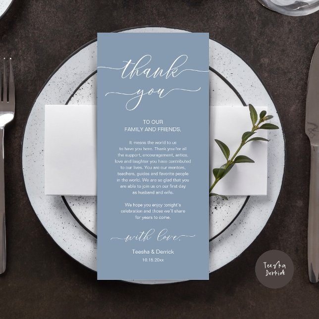 Inställning av tackkort för dagens Romantik Ställe Program (Wedding Dinner Place Setting Thank You Card, Modern Minimalist, in Dusty Blue)
