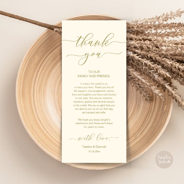 Inställning av tackkort för dagens Romantik Ställe Program (Wedding Dinner Place Setting Thank You Card, Modern Minimalist, in Retro Yellow Gold)