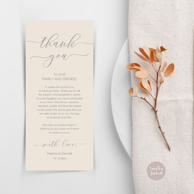 Inställning av tackkort för dagens Romantik Ställe Program (Wedding Dinner Place Setting Thank You Card, Modern Minimalist, in Grey and Cream)