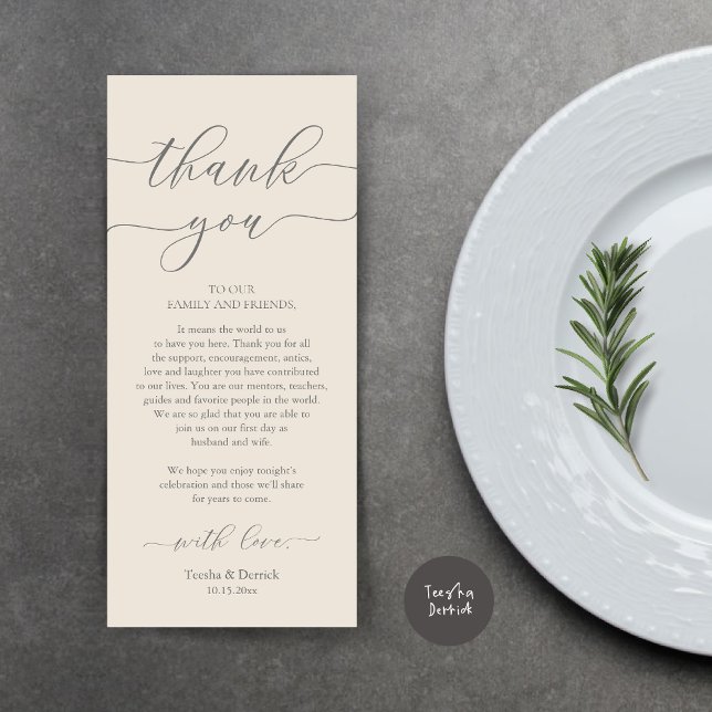 Inställning av tackkort för dagens Romantik Ställe Program (Wedding Dinner Place Setting Thank You Card, Plate Decoration, Modern Script, in Dark Grey Cream)