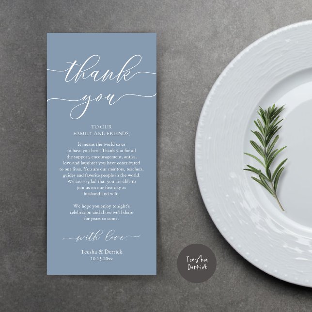 Inställning av tackkort för dagens Romantik Ställe Program (Wedding Dinner Place Setting Thank You Card, Plate Decoration, Modern Script, in Dusty Blue)