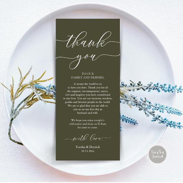 Inställning av tackkort för dagens Romantik Ställe Program (Wedding Dinner Place Setting Thank You Card, Plate Decoration, Modern Script, in Olive Green)